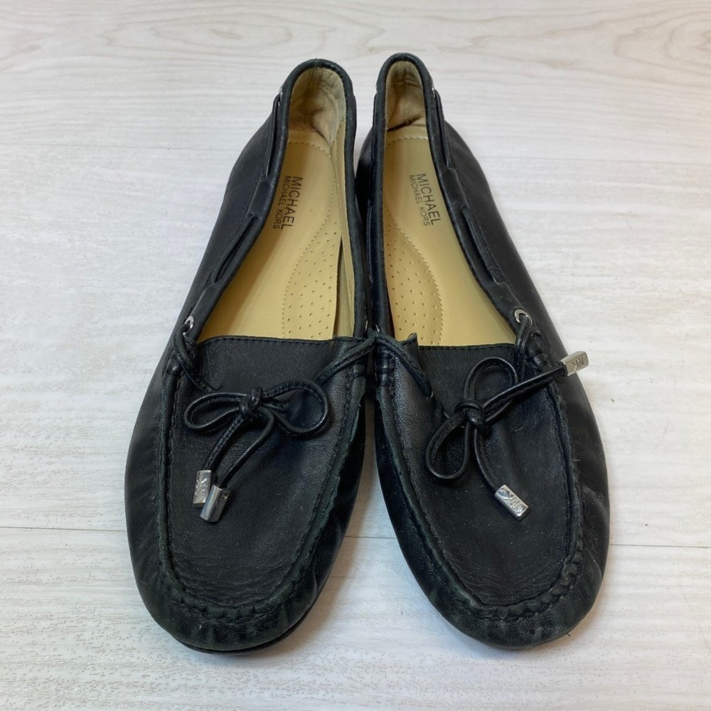 Michael Kors Womens 8M Lillie Moccasin Flat Black Leather Bow Logo Loafer Shoe